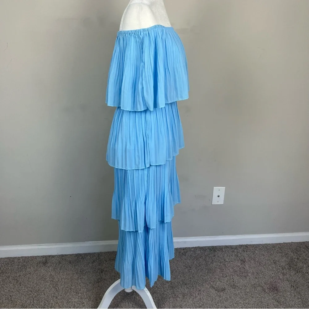 OFF THE SHOULDER TIERED PLEATED MIDI CHIFFON DRESS IN LIGHT BLUE SIZE MEDIUM - Picture 10 of 16